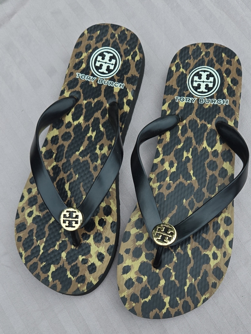 Tory Burch Leopard Print Flip Flops with Black Straps and Gold Logo